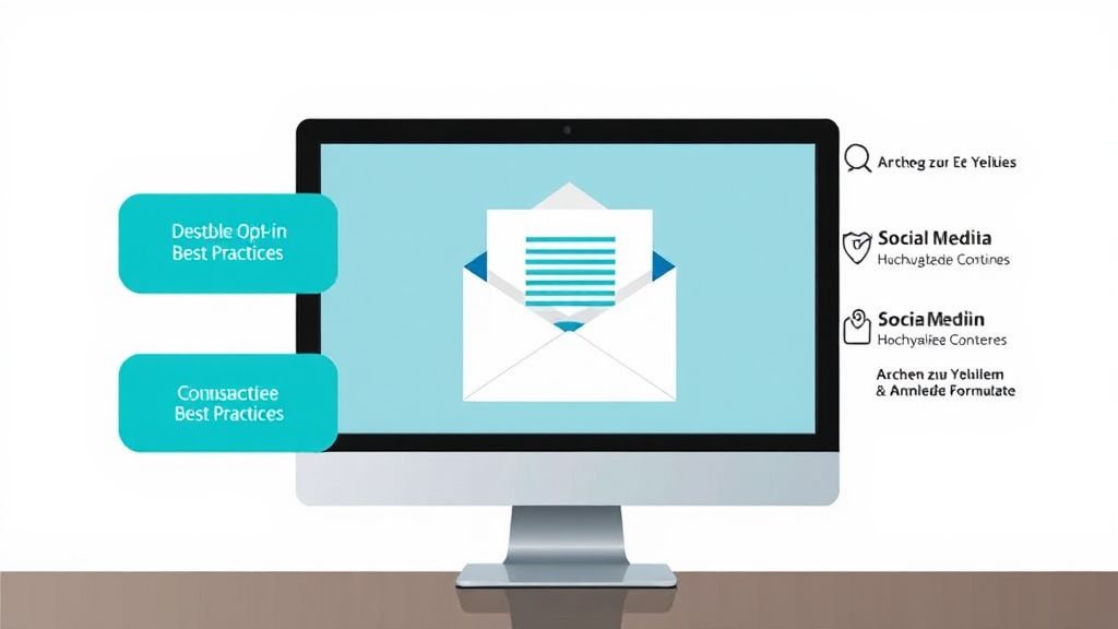 Ein Titelbild zeigt einen Computerbildschirm, auf dem eine ansprechende E-Mail-Newsletter-Vorlage sichtbar ist. Daneben sind Symbole für Best Practices wie „Double Opt-in“, „klare Betreffzeilen“ und „hochwertige Inhalte“ abgebildet. Im Hintergrund grafikdesignte Elemente veranschaulichen den Zugang zu Zielgruppen durch soziale Medien und Anmeldeformulare.