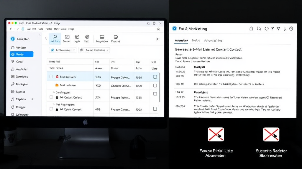 Ein Screenshot zeigt die Benutzeroberfläche eines E-Mail-Marketingdienstes. Auf dem Bildschirm sind Funktionen zur Verwaltung von E-Mail-Listen, Segmentierung und Automatisierung sichtbar. Rechts sind Vergleichsoptionen von Anbietern wie Mailchimp und Constant Contact dargestellt, während auf der linken Seite eine hochwertige E-Mail-Liste mit Abonnenten angezeigt wird. Symbole für Öffnungsraten verdeutlichen den Erfolgsfaktor.