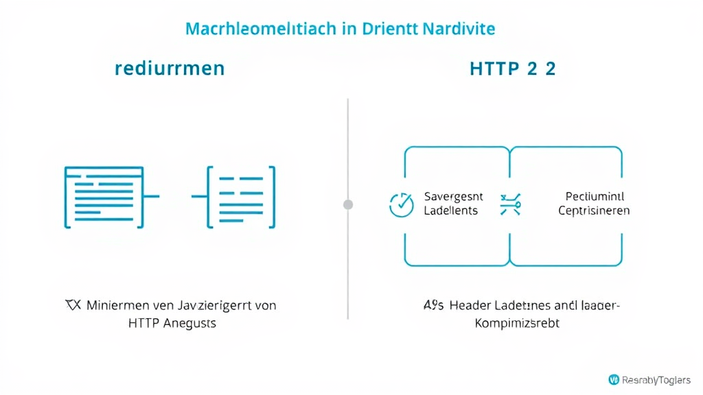 Ein Grafiker zeigt eine schematische Darstellung der technischen Optimierungen für WordPress-Websites. Links sind 'Minimierung von JavaScript' und 'CSS' mit Diagrammen zur Reduzierung von HTTP-Anfragen dargestellt. Rechts befindet sich ein Balkendiagramm, das die Vorteile von 'HTTP/2' wie schnellere Ladezeiten und Header-Komprimierung hervorhebt. Icons für Geschwindigkeit und Leistung verdeutlichen die Effekte dieser Maßnahmen.