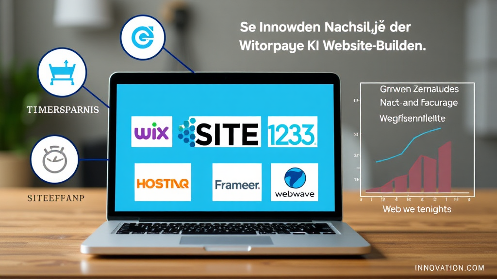 Ein grafisches Beispiel zeigt verschiedene KI-Website-Builder auf einem Laptop-Bildschirm. Darunter sind Logos von Wix, SITE123, Hostinger, Framer und WebWave abgebildet. Symbole für Zeitersparnis und Benutzerfreundlichkeit umrahmen den Laptop, während ein Diagramm die wachsende Nachfrage nach diesen Tools verdeutlicht. Die Szene vermittelt Innovation und Leichtigkeit in der Website-Erstellung.