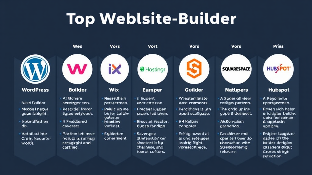 Eine grafische Übersicht zeigt die Top-Website-Builder: WordPress, Wix, Hostinger, Squarespace, WooCommerce und HubSpot. Jeder Builder ist mit einem Symbol und kurzen Beschreibungen seiner Hauptmerkmale und Vor- und Nachteile dargestellt. Der Fokus liegt auf Benutzerfreundlichkeit, Preis und besonderen Funktionen, um die Auswahl zu erleichtern.