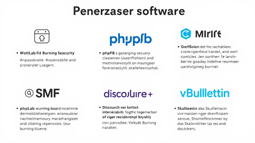 Ein Grafikkollage zeigt verschiedene Foren-Software mit ihren Hauptmerkmalen. Darunter sind WoltLab Burning Board mit Icons für Anpassbarkeit und Sicherheit, phpBB mit dem Hinweis auf kostenlose Nutzung, SMF mit Symbolen für Benutzerfreundlichkeit und mehrsprachige Unterstützung, Discourse, das Interaktivität hervorhebt, und vBulletin, das Skalierbarkeit darstellt. Jede Software wird durch spezifische Vor- und Nachteile in kurzen Textblöcken erläutert.
