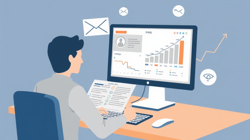 Ein Grafiker zeigt eine Person, die an einem Computer einen Newsletter erstellt und dabei KPIs wie Öffnungs- und Klickraten auf einem Diagramm analysiert. Der Bildschirm zeigt eine Übersicht von E-Mail-Kampagnenergebnissen. Symbole für Erfolg, wie aufsteigende Pfeile und Häkchen, betonen die Bedeutung von Analyse und Optimierung.