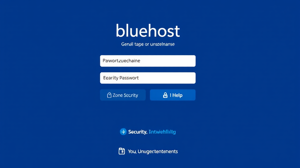 Ein Screenshot der Bluehost-Login-Seite zeigt das Eingabefeld für E-Mail-Adresse oder Benutzernamen und das Passwort. Darunter sind Links zur Passwortzurücksetzung und zu den Nutzungsbedingungen sichtbar. Symbole für Sicherheit und Hilfe verdeutlichen die Benutzerfreundlichkeit und den Schutz der Kontoinformationen.