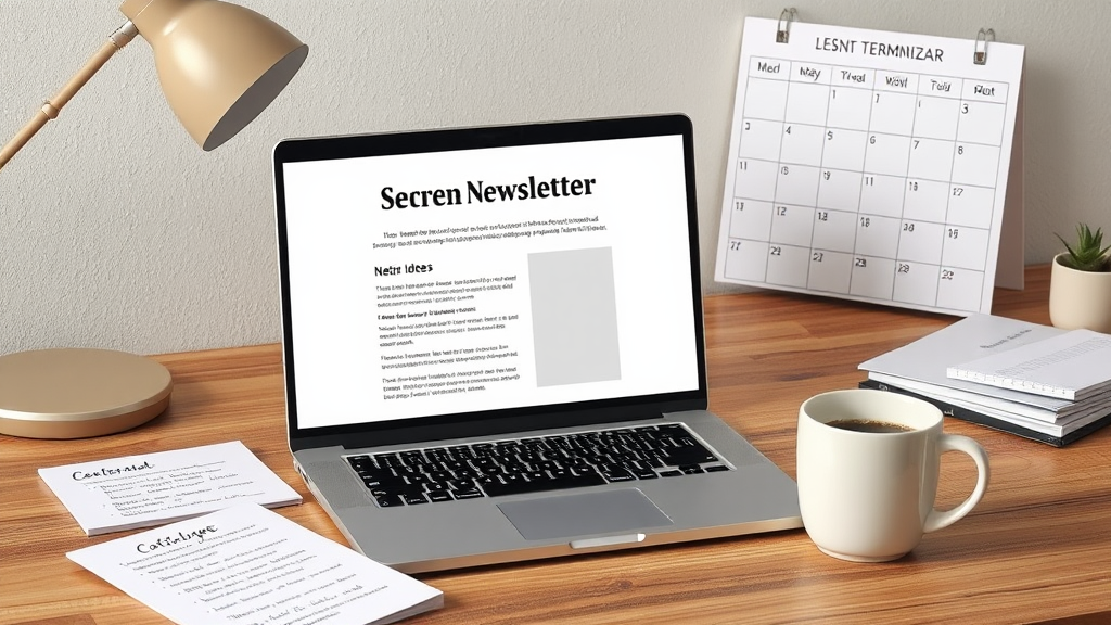 Ein kreativer Arbeitsplatz mit einem Laptop, auf dem ein Entwurf für einen Newsletter angezeigt wird. Neben dem Bildschirm liegen Notizen mit Ideen für personalisierte Inhalte und eine Tasse Kaffee. Ein Kalender im Hintergrund zeigt geplante Versandtermine für wöchentliche Newsletter.