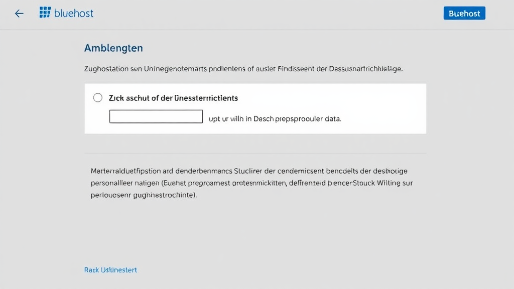 Ein Screenshot der Anmeldeseite von Bluehost zeigt die Optionen zur Zustimmung zu den Nutzungsbedingungen und der Datenschutzrichtlinie. Nutzer müssen ein Kästchen markieren, um ihre Zustimmung zu bestätigen. Informationen über die Regeln und den Schutz persönlicher Daten sind deutlich sichtbar. Die Benutzeroberfläche vermittelt Klarheit und Transparenz in Bezug auf Datenschutz.