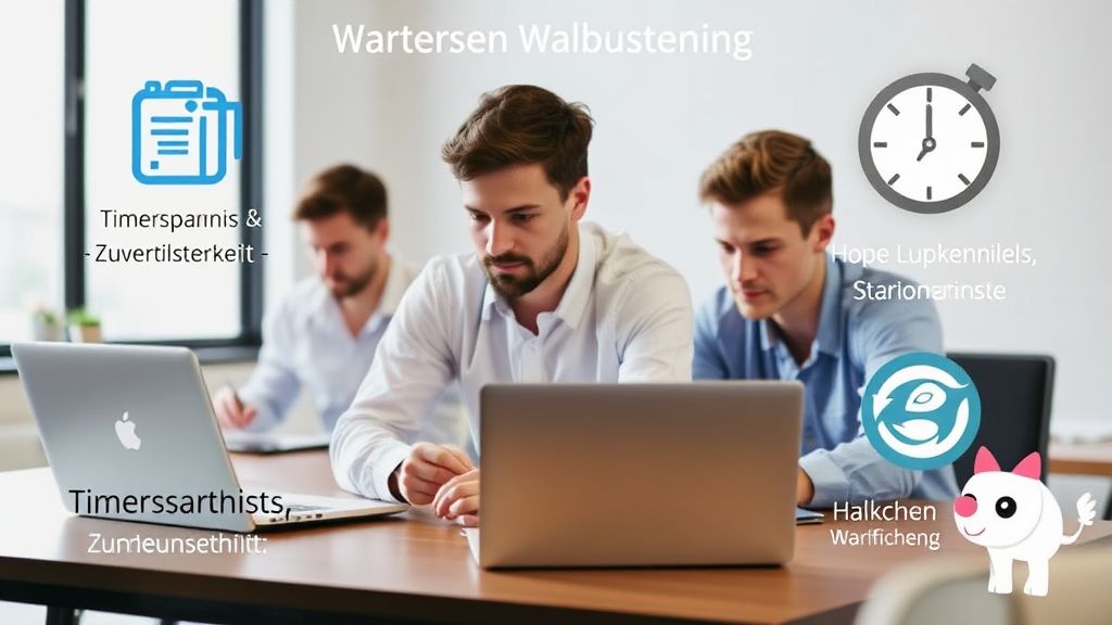 Ein Bild zeigt ein Team von Fachleuten, das an Laptops arbeitet, während sie Wartungsdienste für Websites anbieten. Grafiken verdeutlichen Zeitersparnis und Zuverlässigkeit mit Symbolen für effiziente Unterstützung und hohe Leistungskennzahlen. Eine Uhr und ein Häkchen betonen die Vorteile der professionellen Wartung.