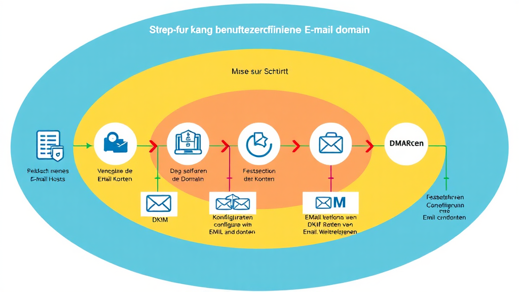 Ein Schritt-für-Schritt-Diagramm zur Erstellung einer benutzerdefinierten E-Mail-Domain. Es zeigt die verschiedenen Phasen: die Auswahl eines E-Mail-Hosts, die Verbindung der Domain, die Festlegung von E-Mail-Konten, die Konfiguration von DKIM und DMARC sowie die Einrichtung von E-Mail-Weiterleitungen. Symbole illustrieren jede Phase, während farbige Pfeile den Fortgang des Prozesses verdeutlichen.