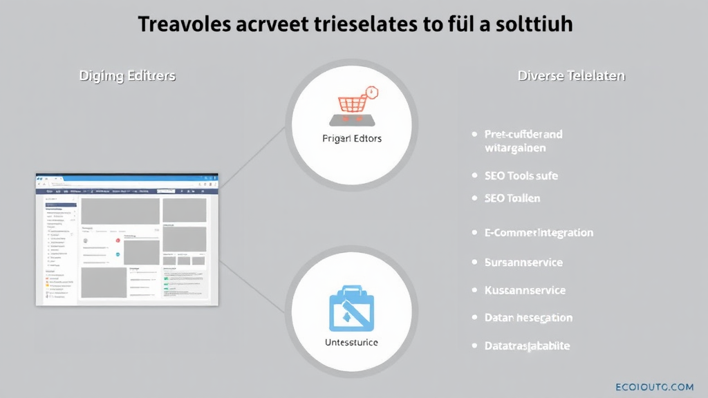 Ein Grafiker veranschaulicht die Kriterien für die Auswahl eines Website-Builders. Links ein Screenshot eines Drag-and-Drop-Editors, rechts Preisinformationen und diverse Vorlagen. Symbole repräsentieren Funktionen wie SEO-Tools, E-Commerce-Integration und Kundenservice. Im Hintergrund stehen Diagramme zur Datensicherheit und -übertragbarkeit.