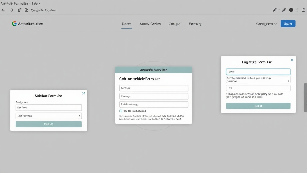 Ein Screenshot zeigt verschiedene Arten von Anmeldeformularen auf einer Website. Zu sehen sind ein Pop-up, ein Sidebar-Formular und ein eingebettetes Formular, die klar strukturiert und optisch ansprechend gestaltet sind. Jedes Formular enthält handlungsauffordernde Texte zur Steigerung der Nutzerinteraktion.