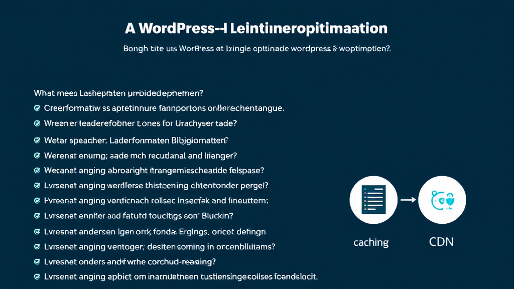 Ein Screenshot zeigt eine FAQ-Seite zu WordPress-Leistungsoptimierung. Die Übersicht listet Fragen zu Ladegeschwindigkeit, Bildformaten und Plugins. Grafische Elemente symbolisieren die Themen wie Caching und CDN. Die Benutzeroberfläche ist sauber und übersichtlich, um Informationen leicht zugänglich zu machen.