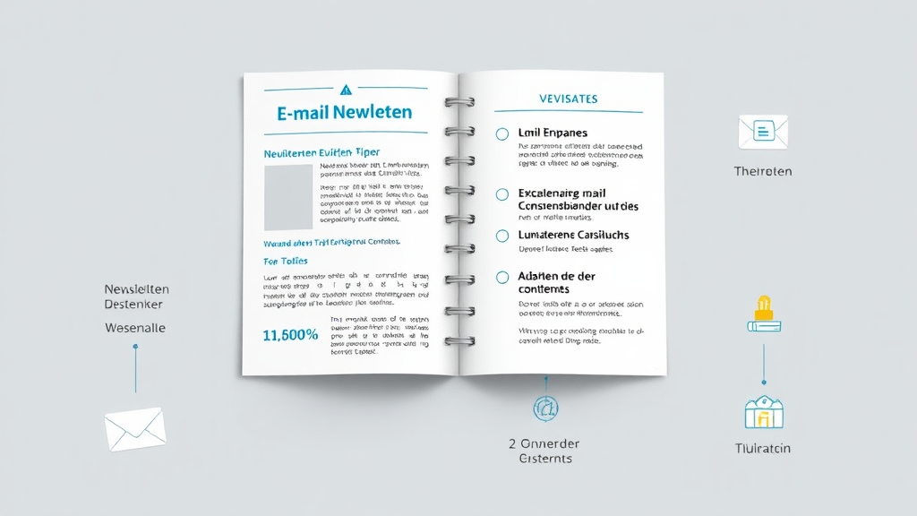 Ein grafisches Layout zeigt eine E-Mail-Newsletter-Vorlage, die wichtige Inhalte, wie Neuigkeiten und Tipps, enthält. Auf der linken Seite stehen Statistiken über die wachsende Zahl der E-Mail-Nutzer, während auf der rechten Seite Vorteile wie langfristige Kundenbindung und Anpassung der Inhalte hervorgehoben werden. Symbole von kleinen Unternehmen und Bildungseinrichtungen verdeutlichen die Zielgruppen.