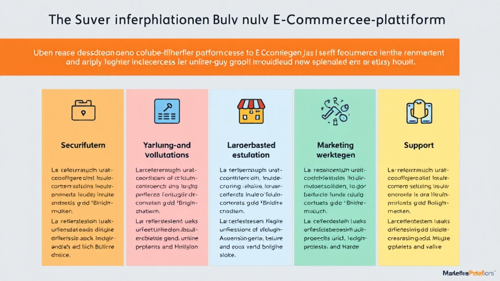 Eine Infografik zeigt fünf wichtige Überlegungen bei der Auswahl einer E-Commerce-Plattform: Sicherheitsfunktionen, Zahlungs- und Versandlösungen, Lagerbestandsverwaltung, Marketingwerkzeuge und Support. Jede Kategorie wird durch Icons und kurze Erklärungen dargestellt, um den Entscheidungsprozess für Online-Händler zu erleichtern.