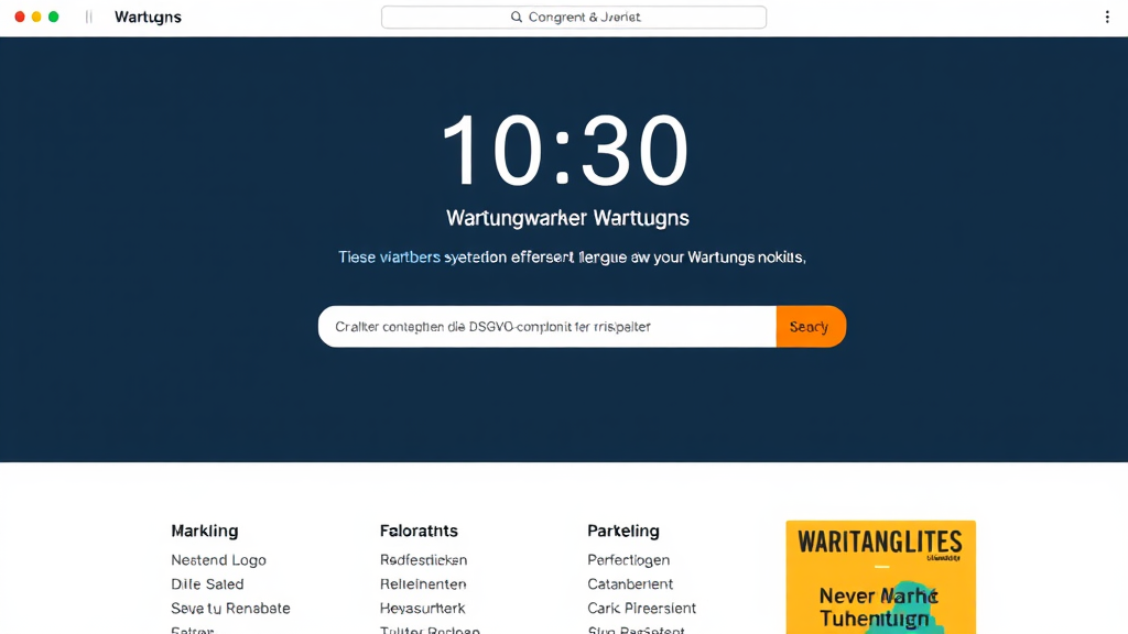 Ein Screenshot einer ansprechend gestalteten Wartungsseite, die ein modernes Design mit einem Countdown-Timer zeigt. Die Seite enthält ein Logo, eine klare Botschaft über die Wartungsarbeiten und Kontaktinformationen. Farben und Schriftarten spiegeln die Marke wider, während ein Hinweis auf die DSGVO-Konformität für Transparenz sorgt.