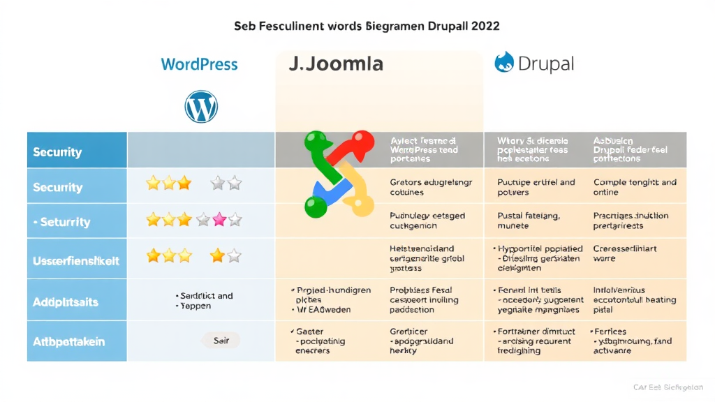 Ein Diagramm vergleicht die Funktionen von WordPress, Joomla und Drupal in den Kategorien Sicherheit, Benutzerfreundlichkeit und Anpassungsfähigkeit. Jede CMS-Plattform ist mit Sternbewertungen dargestellt, die ihre Stärken und Schwächen hervorheben. Symbole und Farben verdeutlichen die Unterschiede, während relevante Eigenschaften in Textfeldern auftauchen.