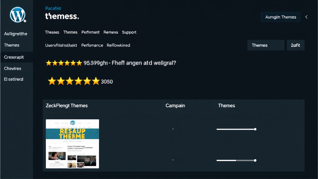 Ein Bildschirm zeigt die Auswahl von WordPress-Themes, flankiert von Bewertungen und Nutzerfeedback. Oben sind Icons für Benutzerfreundlichkeit, Performance und Support abgebildet. Ein Vergleich von zwei Themes in einer Testumgebung wird dargestellt, wobei ein Theme als besser bewertet wird.