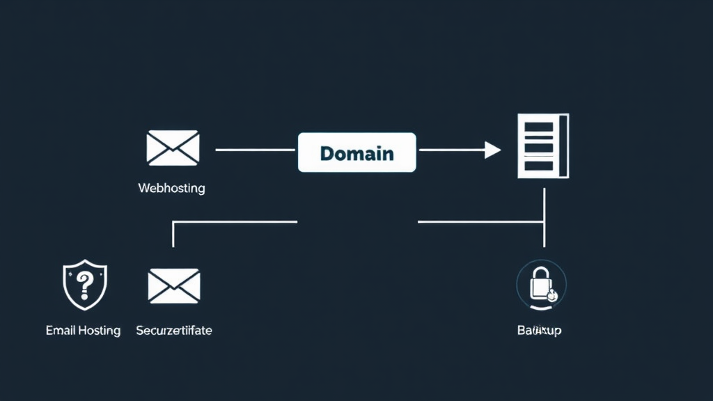 Ein grafisches Diagramm erklärt die Beziehung zwischen Webhosting und Domain. In der Mitte steht eine Domain, die von einem Pfeil mit einem Server verbunden ist, der das Webhosting symbolisiert. Zusätzliche Symbole repräsentieren E-Mail-Hosting, Sicherheitszertifikate und Backup-Lösungen. Das Bild betont die Bedeutung der nahtlosen Zusammenarbeit für den Zugriff auf Website-Inhalte.