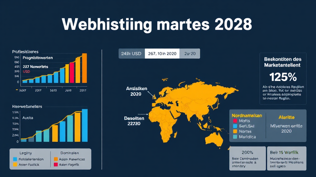Ein Infografik-Diagramm zeigt das Wachstum des Webhosting-Marktes bis 2028 mit prognostizierten Werten, jährlichen Wachstumsraten und regionalen Marktanteilen. Balkendiagramme und Pfeile verdeutlichen den Anstieg von 75 Mrd. USD im Jahr 2020 auf 267,10 Mrd. USD. Eine Weltkarte hebt die dominierenden Regionen hervor, insbesondere Nordamerika und Asien-Pazifik, begleitet von Statistiken über Marktanteile.