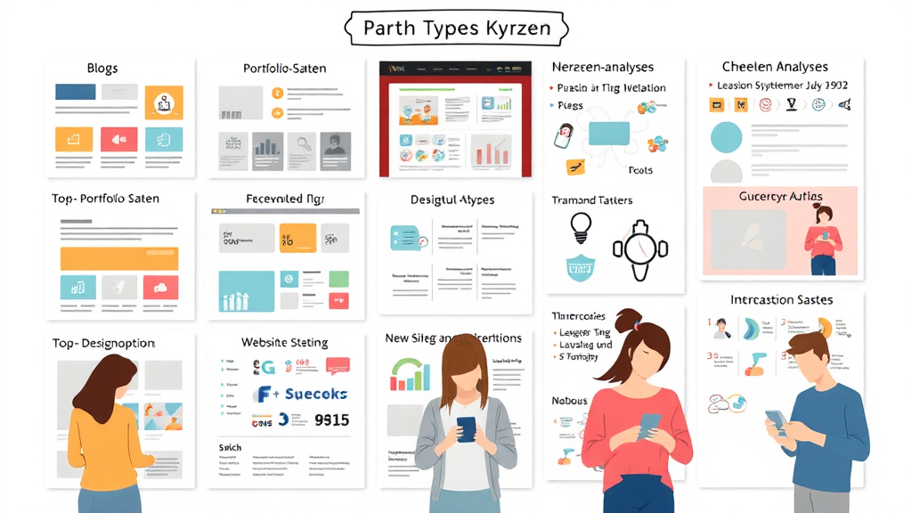 Ein kreatives Moodboard zeigt verschiedene Website-Typen, darunter Blogs, Portfolio-Seiten und E-Commerce-Shops. Visualisierte Zielgruppenanalysen und Designoptionen verdeutlichen, wie die Gestaltung und Navigation die Nutzererfahrung beeinflussen. Menschen interagieren mit mobilen Geräten, während Notizen die Wichtigkeit der Zielgruppenorientierung betonen.