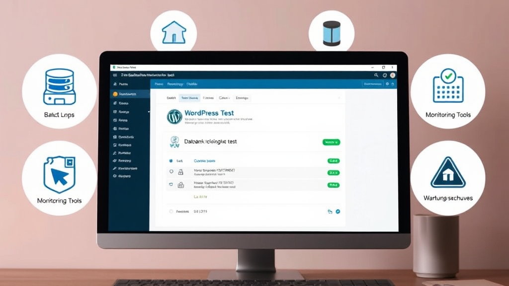 Ein beruhigendes Bild zeigt einen Computerbildschirm mit einem erfolgreichen Datenbankverbindungstest in einer WordPress-Umgebung. Im Hintergrund sind Symbole für Backups, Monitoring-Tools und Wartungsmaßnahmen zu sehen, die die Wichtigkeit präventiver Schritte verdeutlichen. Ein beruhigender Farbton vermittelt ein Gefühl der Stabilität und Sicherheit.