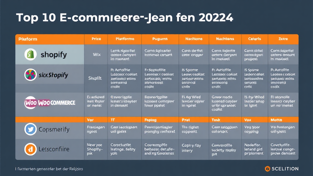 Eine grafische Übersicht zeigt die Top 10 E-Commerce-Plattformen für 2024. Jede Plattform wird mit ihrem Logo, Preis und Hauptmerkmalen dargestellt. Plattformen wie Shopify, Wix und WooCommerce sind hervorgehoben, während ihre Vor- und Nachteile in kurzen, klaren Texten erklärt werden. Die Übersicht vermittelt einen klaren Vergleich, um Entscheidungsträgern bei der Auswahl zu helfen.