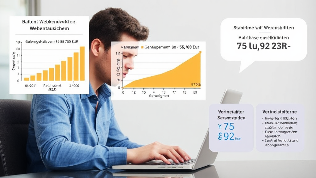 Ein informatives Bild zeigt einen Webentwickler an einem Laptop, umgeben von Grafiken und Diagrammen zu Gehältern und Berufsaussichten. Ein Balkendiagramm stellt die Gehaltsentwicklung vom Einstiegsgehalt bis zu 55.700 Euro dar, während eine Sprechblase die Verdienstmöglichkeiten für Selbstständige mit Stundensätzen von 75 bis 92 Euro illustriert. Der Hintergrund hebt die Stabilität und Attraktivität des Berufs hervor.