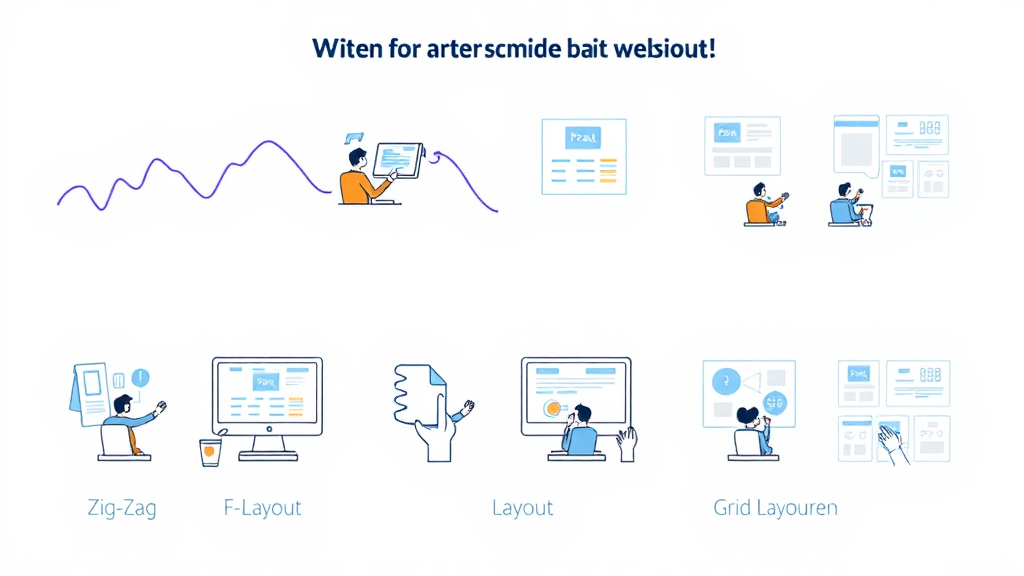 Ein Diagramm zeigt verschiedene Arten von Website-Layouts, darunter Zig-Zag, F-Layout und Grid-Layout. Jedes Layout wird durch Symbole und Illustrationen dargestellt, die deren Funktion und Benutzerfreundlichkeit verdeutlichen. Nutzer sind am Computer dargestellt, die durch verschiedene Layouts scrollen und interagieren. Die grafische Gestaltung hebt die Bedeutung der Layout-Auswahl für das Benutzererlebnis hervor.