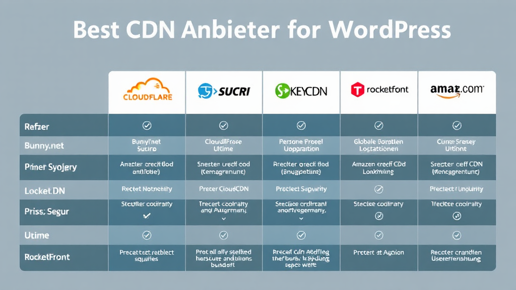 Ein Vergleichsdiagramm zeigt die besten CDN-Anbieter für WordPress. Auf der linken Seite sind die Logos von Bunny.net, Cloudflare, Sucuri, KeyCDN, RocketCDN und Amazon CloudFront abgebildet. Jede Box enthält Informationen zu Preis, Uptime, globalen Standorten und besonderen Funktionen. Grafische Symbole visualisieren Aspekte wie Geschwindigkeit, Sicherheit und Benutzerfreundlichkeit für eine bessere Entscheidungsfindung.