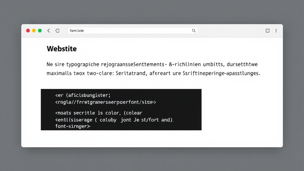 Ein Screenshot zeigt eine Website, die typografische Gestaltungselemente und -richtlinien umsetzt. Die Seite verwendet maximal zwei klare Schriftarten und ansprechende Farb- sowie Schriftgrößenanpassungen. Ein CSS-Code-Ausschnitt ist eingebettet, der die Nutzung von `color` und `font-size` demonstriert.