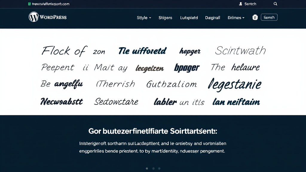 Ein ansprechendes Design einer WordPress-Website zeigt verschiedene benutzerdefinierte Schriftarten in unterschiedlichen Stilen und Größen. Im Hintergrund sind Symbole für Ladegeschwindigkeit und Datenschutz integriert. Ein Textfeld betont die Bedeutung von Schriftarten für Markenidentität und Nutzerengagement.