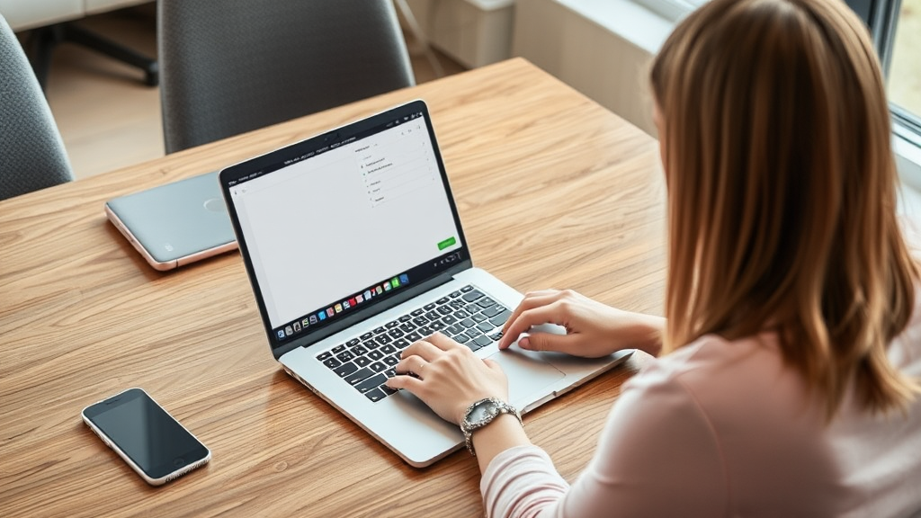 Eine Person sitzt an einem Tisch mit einem Laptop, während sie in den Wix-Editor eingeloggt ist. Der Bildschirm zeigt die übersichtliche Benutzeroberfläche mit Werkzeugleisten und Menüs. Im Hintergrund sind ein Tablet und ein Mobiltelefon zu sehen, um die Flexibilität des Zugangs von verschiedenen Geräten zu betonen.