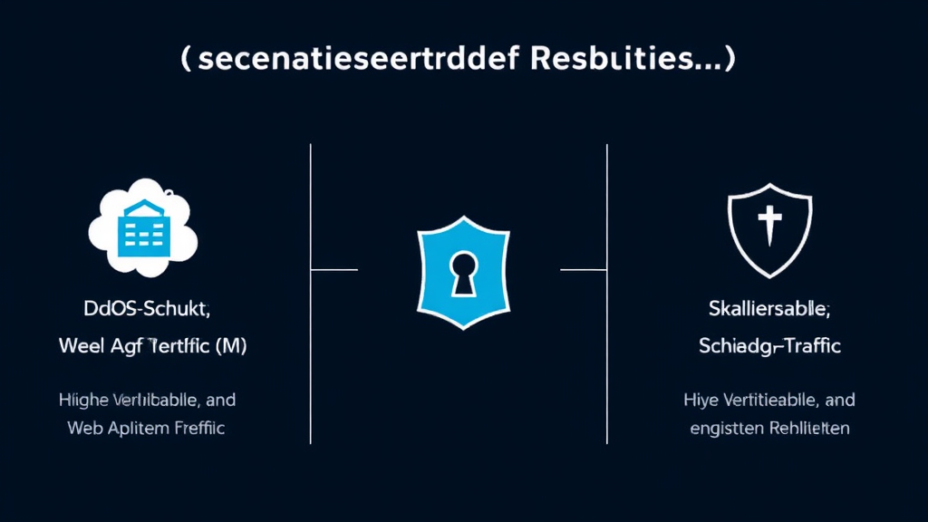 Ein grafisches Bild zeigt die Sicherheitsaspekte eines Content Delivery Networks (CDN). In der Mitte stehen Symbole für DDoS-Schutz und Web Application Firewalls (WAF). Links wird die hohe Verfügbarkeit dargestellt, während rechts die Skalierbarkeit und Leistung bei erhöhtem Traffic hervorgehoben wird. Grafiken von Schloss- und Schildsymbolen betonen den Schutz vor Cyberangriffen.