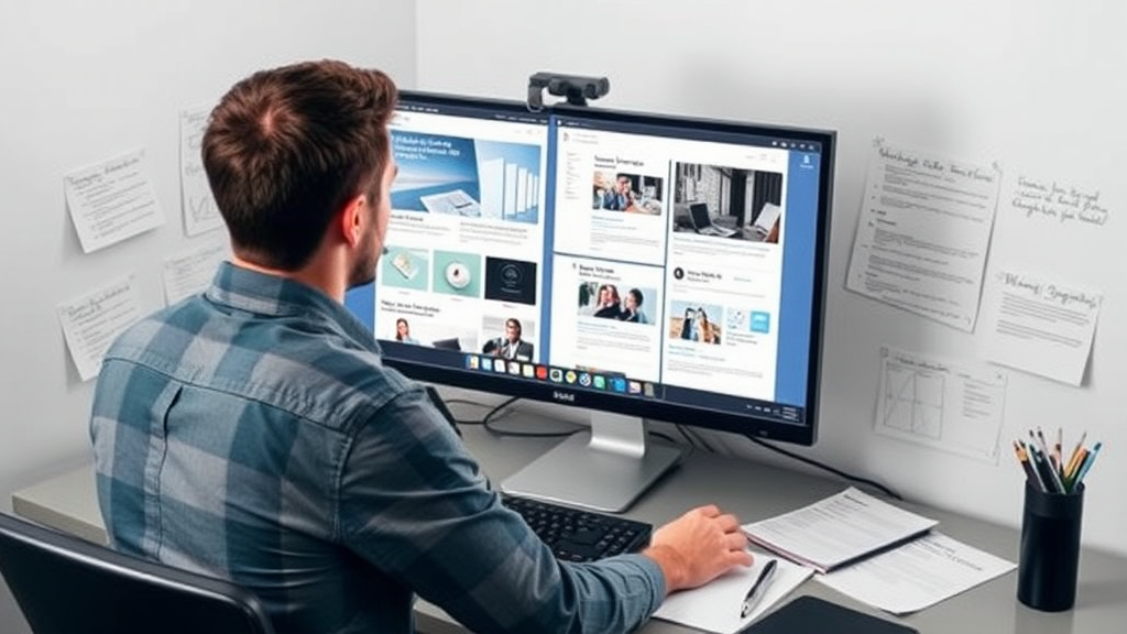 Ein inspirierendes Bild zeigt einen Designer, der an einem Computer an verschiedenen Website-Layouts arbeitet. Auf dem Bildschirm sind Beispiele für eine Unternehmens-Webseite, einen Online-Shop und einen Blog sichtbar. Um den Bildschirm herum sind Notizen und Skizzen verteilt, die kreative Ideen und Strategien zur Website-Gestaltung festhalten.