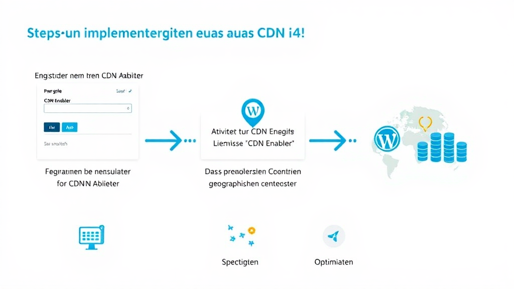 Ein Bildschirm zeigt die Schritte zur Implementierung eines CDN in WordPress. Die Grafik illustriert eine Anmeldung bei einem CDN-Anbieter, die Aktivierung über Plugins wie „CDN Enabler“ und das schnelle Laden von Inhalten durch geographisch verteilte Server. Symbole für Geschwindigkeit und Optimierung unterstreichen die Leistungssteigerung.