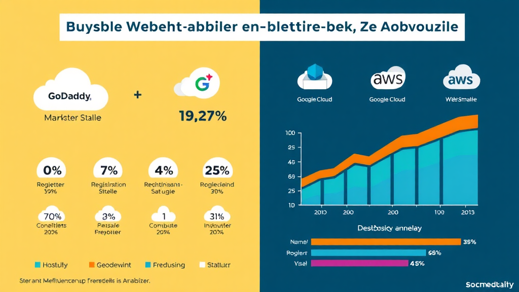 Ein Infografik zeigt die Marktanteile beliebter Webhosting-Anbieter. GoDaddy steht an oberster Stelle mit 9,29 %, gefolgt von Google Cloud und AWS. Symbole und Diagramme veranschaulichen deren Registrierungszahlen und besondere Merkmale. Farbige Balken stellen die Wettbewerbslandschaft und Vielfalt der Anbieter grafisch dar.