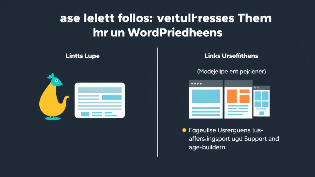 Ein visueller Leitfaden zeigt wichtige Kriterien bei der Auswahl von WordPress-Themes. Links ist eine Lupe, die Design und Benutzerfreundlichkeit hervorhebt, während rechts Grafiken für Ladezeiten und Kompatibilität mit Page-Buildern dargestellt sind. Ein Fragezeichen verdeutlicht häufige Nutzerfragen zu Support und Anpassungsmöglichkeiten.