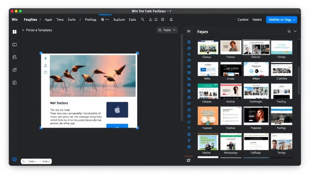 Ein Screenshot des Wix-Editors zeigt die benutzerfreundliche Oberfläche mit der WYSIWYG-Funktionalität. Auf dem Bildschirm sind Drag-and-Drop-Elemente sichtbar, während nebenan eine Auswahl von über 500 Vorlagen präsentiert wird. Benutzer bearbeiten Texte und fügen Bilder hinzu, was die Flexibilität und kreative Gestaltungsmöglichkeiten des Editors unterstreicht.