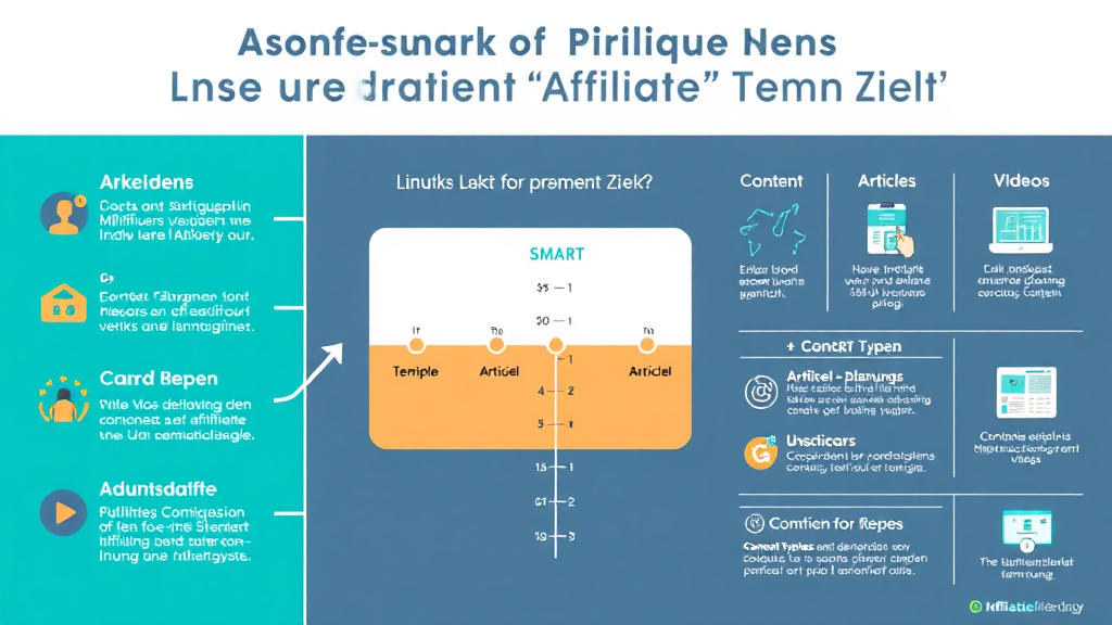 Ein kreatives Infografik-Design beschreibt Strategien für den Erfolg im Affiliate-Marketing. Links sind SMART-Ziele visualisiert, während in der Mitte ein Zeitplan für langfristige Planung dargestellt wird. Auf der rechten Seite werden verschiedene Content-Typen wie Artikel und Videos aufgeführt. Grafiken zu Leistungsüberwachung und Anpassungsfähigkeit rundet die Darstellung ab.