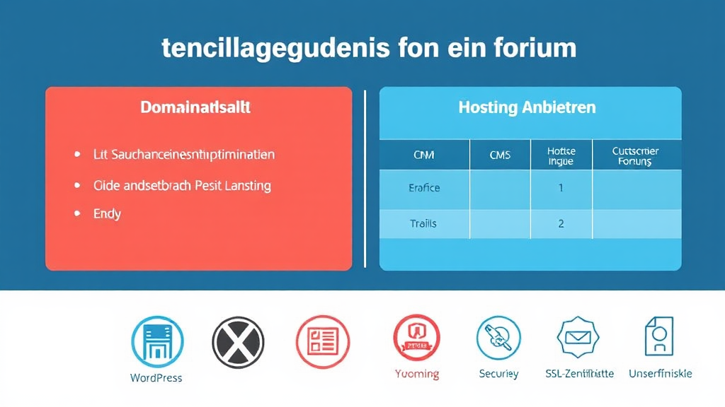 Ein Bildschirm zeigt die technischen Grundlagen für ein Forum: links die Domainwahl mit Suchmaschinenoptimierung, rechts den Vergleich von Hosting-Anbietern. Oben sind Logos von CMS wie WordPress und Joomla zu sehen. Unten sind Symbole für Sicherheit (SSL-Zertifikate) und Nutzerfreundlichkeit abgebildet.