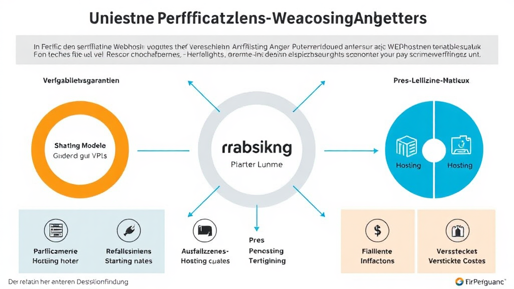 Eine Grafik zeigt die wichtigsten Faktoren bei der Wahl eines Webhosting-Anbieters. Diagramme veranschaulichen Verfügbarkeitsgarantien, verschiedene Hosting-Modelle wie Shared und VPS, sowie Preis-Leistungs-Verhältnis. Symbole symbolisieren Ausfallzeiten, finanzielle Auswirkungen und versteckte Kosten. Der Fokus liegt auf einer informierten Entscheidungsfindung.