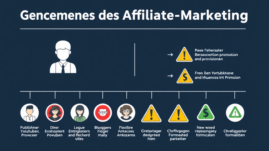 Eine Infografik zeigt die Grundlagen des Affiliate-Marketings. Oben sind die beiden Hauptakteure, der Publisher und der Merchant, abgebildet. Darunter wird der Prozess der Produktpromotion in Verbindung mit Provisionen dargestellt. Icons von Bloggern, YouTubern und Influencern symbolisieren die Zielgruppe. Vorteile wie geringe Einstiegskosten und flexible Arbeitszeiten sind farbenfroh hervorgehoben, während Herausforderungen in Form von Warnsymbolen veranschaulicht werden.