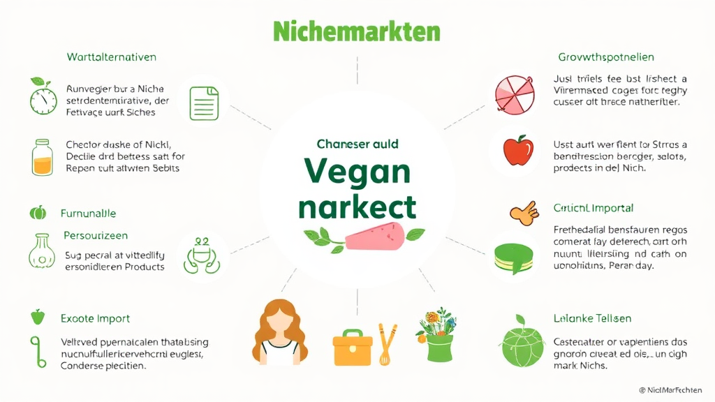 Ein grafisches Konzept zeigt Chancen und Trends in Nischenmärkten. In der Mitte stehen vegane Wurstalternativen, umgeben von Icons für nachhaltige, personalisierbare Produkte und exotische Importe. Pfeile und Statistiken verdeutlichen das Wachstumspotenzial, während verschiedene Zielgruppen dargestellt werden, um die Vielfalt in den Nischen hervorzuheben.