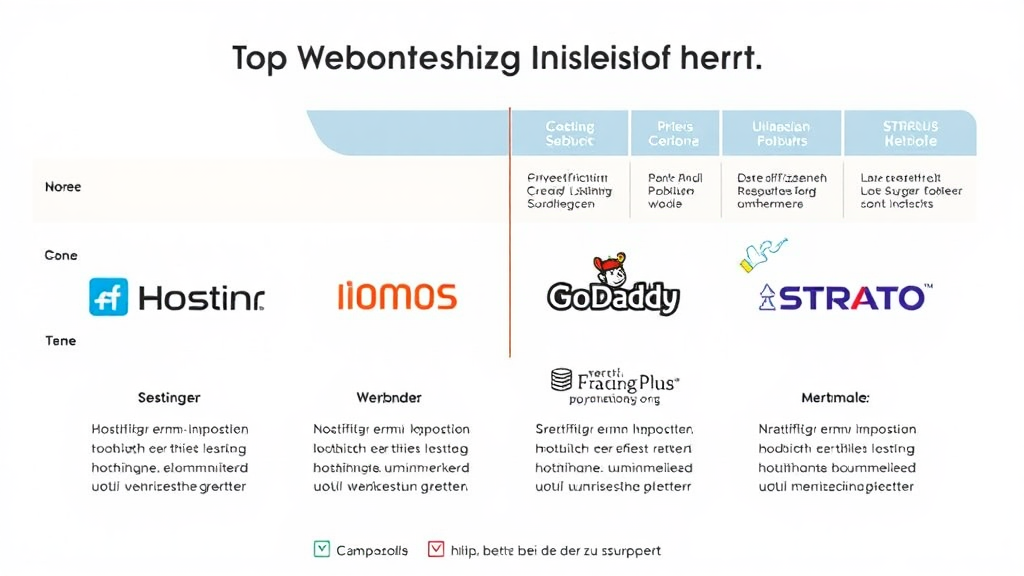 Eine übersichtliche Grafik zeigt die Top Webhosting-Anbieter: Hostinger, IONOS, GoDaddy und STRATO. Jedes Logo wird von kurzen Beschreibungen begleitet, die Kosteneffizienz, Preis-Leistungs-Verhältnis und Leistungsmerkmale hervorheben. Eine Vergleichstabelle im Hintergrund visualisiert wichtige Merkmale, um Nutzer bei der Auswahl zu unterstützen.