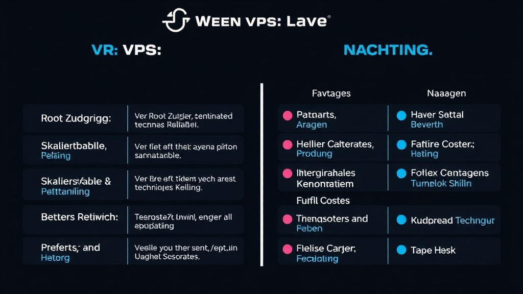 Eine Grafik zeigt die Vor- und Nachteile von VPS Hosting. Auf der linken Seite sind Vorteile wie Root-Zugriff, Skalierbarkeit und bessere Leistung dargestellt, während auf der rechten Seite die Nachteile wie höhere Kosten und erforderliches technisches Wissen aufgeführt sind. Symbole wie Pfeile und Waagen verdeutlichen die Abwägung zwischen Vor- und Nachteilen.