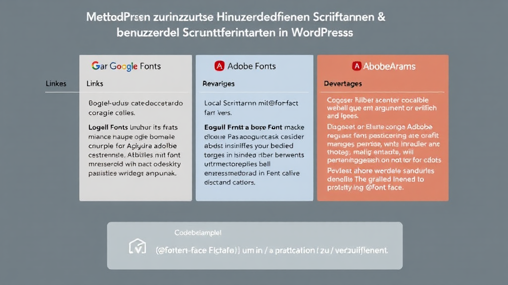 Ein informatives Diagramm zeigt verschiedene Methoden zur Hinzufügung von benutzerdefinierten Schriftarten in WordPress. Links sind Icons für Google Fonts, Adobe Fonts und lokale Schriftarten mit @font-face angeordnet. Jeder Abschnitt enthält kurze Beschreibungen und Vorteile. Ein Codebeispiel für eine @font-face Regel ist im unteren Bereich sichtbar, um die praktische Anwendung zu verdeutlichen.