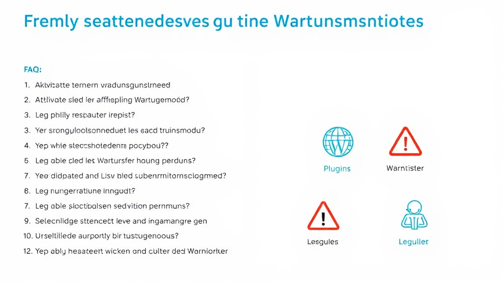 Eine digitale Darstellung zeigt die häufig gestellten Fragen (FAQ) zu WordPress Wartungsmodus. Auf der linken Seite sind Fragen aufgeführt, beispielsweise zur Aktivierung und Anpassung des Wartungsmodus. Rechts erscheinen Symbole für Plugins, Warnschilder und rechtliche Aspekte, die den Nutzern wichtige Informationen visuell näherbringen.