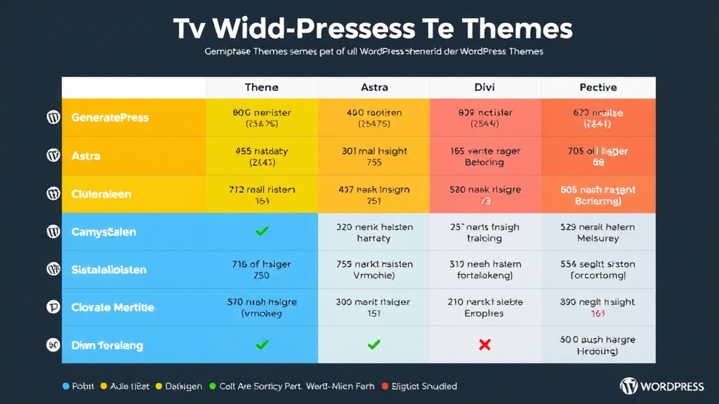 Ein informatives Bild zeigt eine Auswahl der Top WordPress-Themes mit einem Vergleichsdiagramm. Die Grafik listet Themes wie GeneratePress, Astra und Divi mit ihren Preisen, aktiven Installationen und besonderen Merkmalen. Jede Kategorie wird durch unterschiedliche Farben oder Symbole hervorgehoben, um die Benutzerfreundlichkeit und Flexibilität der Themes visuell darzustellen.