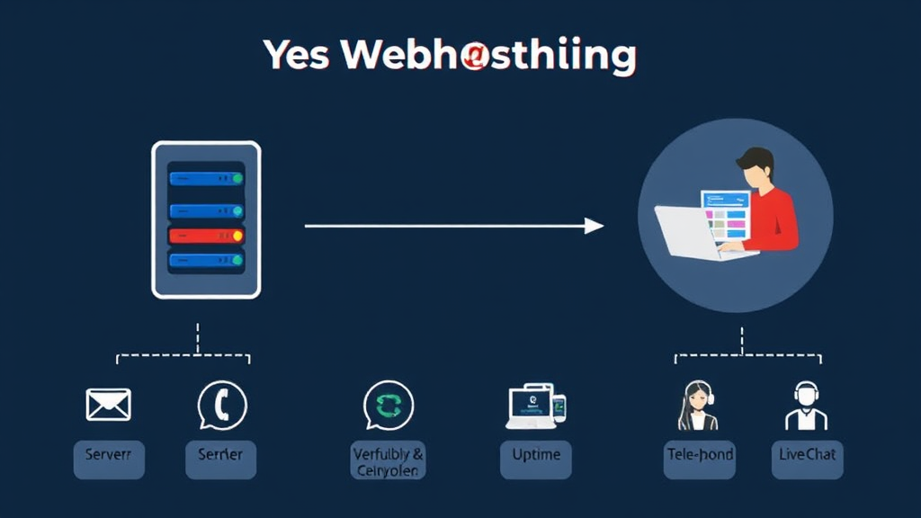 Ein Grafiker veranschaulicht die Grundlagen des Webhostings. Links ist ein Server bereit, um Websites zu speichern, während rechts ein Nutzer über einen Laptop auf eine Website zugreift. Diagramme verdeutlichen Aspekte wie Verfügbarkeit, Uptime und Kundensupport, mit Icons für E-Mail, Telefon und Live-Chat zur Darstellung der Kontaktmöglichkeiten.