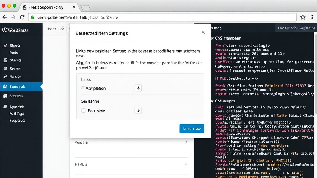 Ein digitaler Screenshot zeigt die WordPress-Oberfläche mit einem offenen Plugin-Settungsfenster zur Integration benutzerdefinierter Schriftarten. Links sind Beispiele für Serifen- und serifenlose Schriftarten abgebildet. Im Hintergrund sind HTML- und CSS-Codeschnipsel sichtbar, die die @font-face Implementierung verdeutlichen.