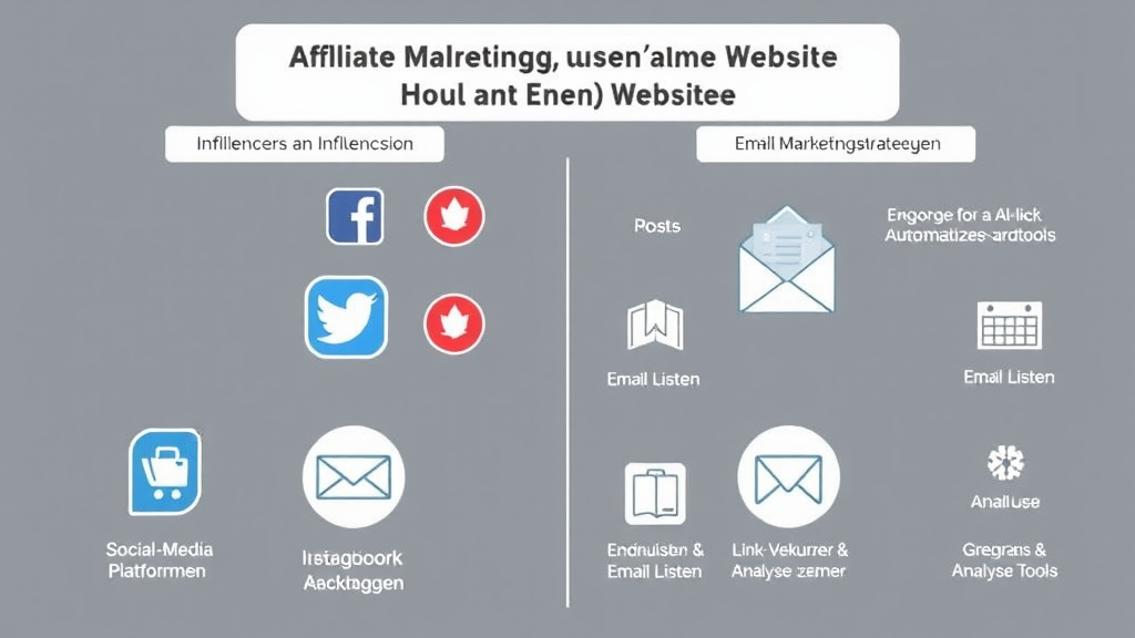 Eine Infografik zeigt verschiedene Möglichkeiten für Affiliate-Marketing ohne eigene Website. Links sind Social-Media-Plattformen wie Instagram, Facebook und Twitter abgebildet, die durch Symbole für Posts und Influencer dargestellt werden. Rechts sind E-Mail-Marketingstrategien visualisiert, einschließlich E-Mail-Listen und Automatisierungstools. Grafiken halten wichtige Tools wie Link-Verkürzer und Analyse-Tools fest.